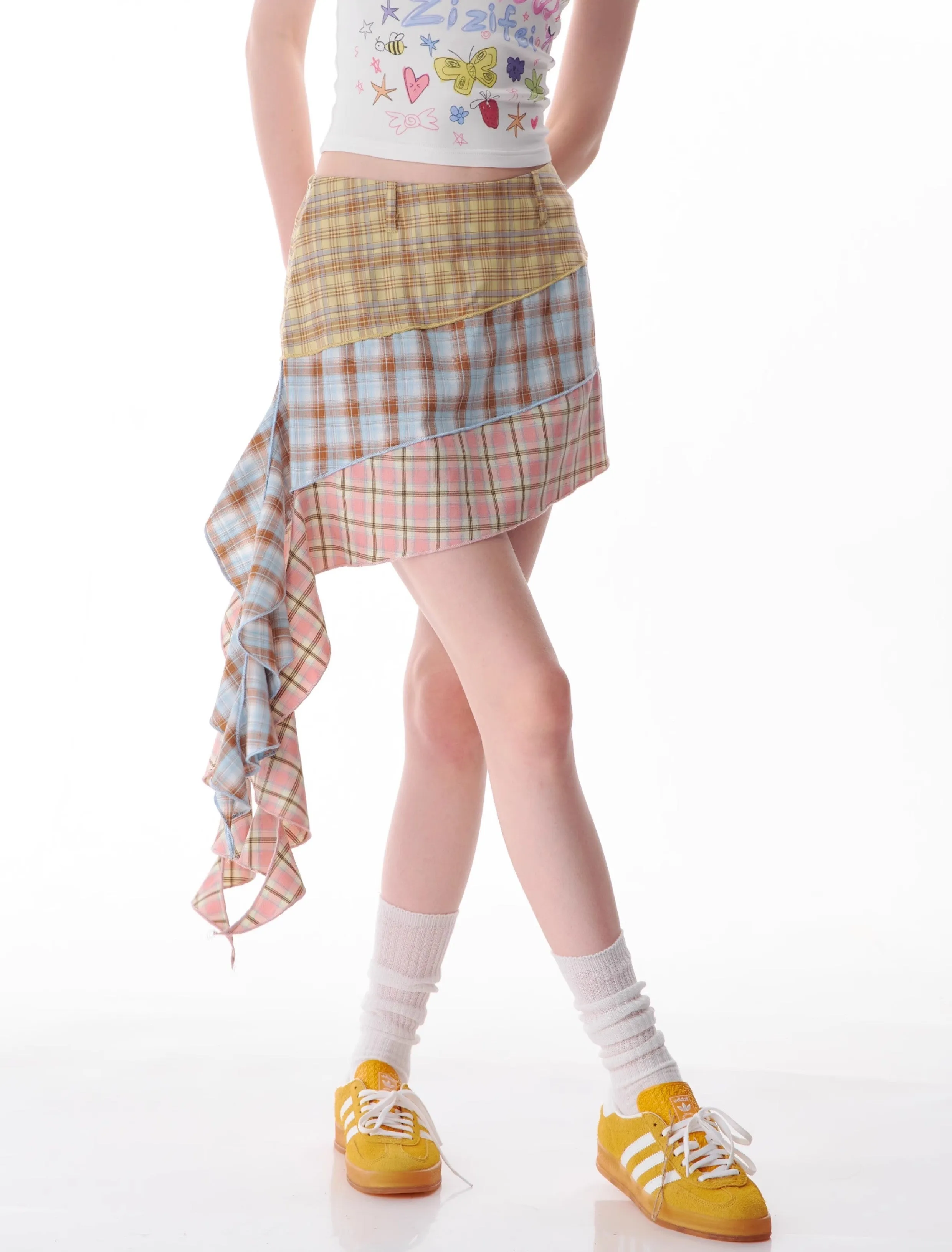 Asymmetric Patchwork Plaid Mini Skirt