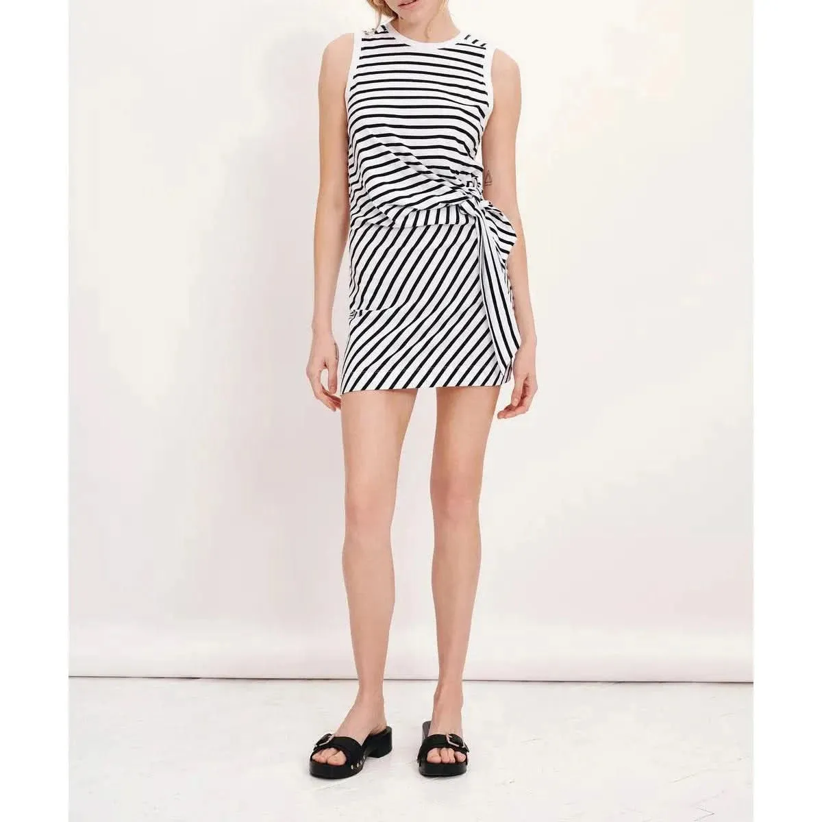 ATM Classic Jersey Stripe Sleevless Twist Dress - White-Black