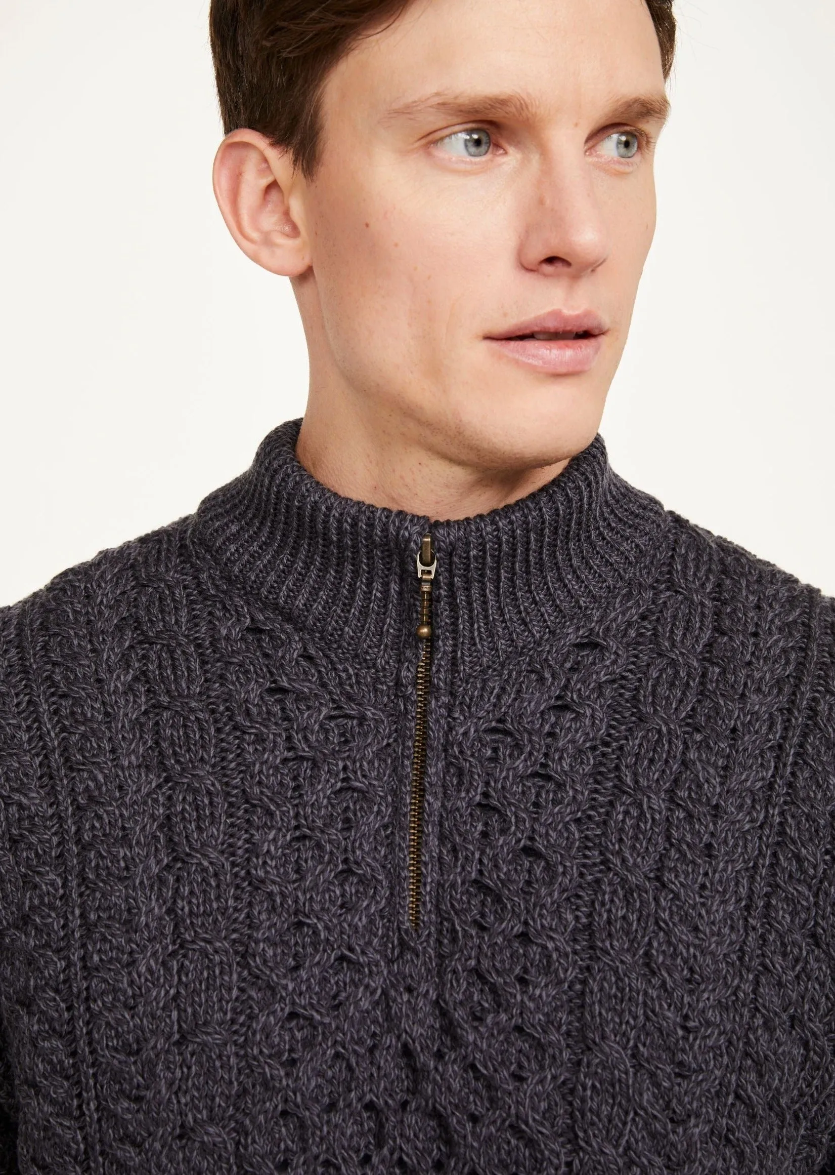 Ballycroy Mens Aran Half Zip Sweater | Charcoal