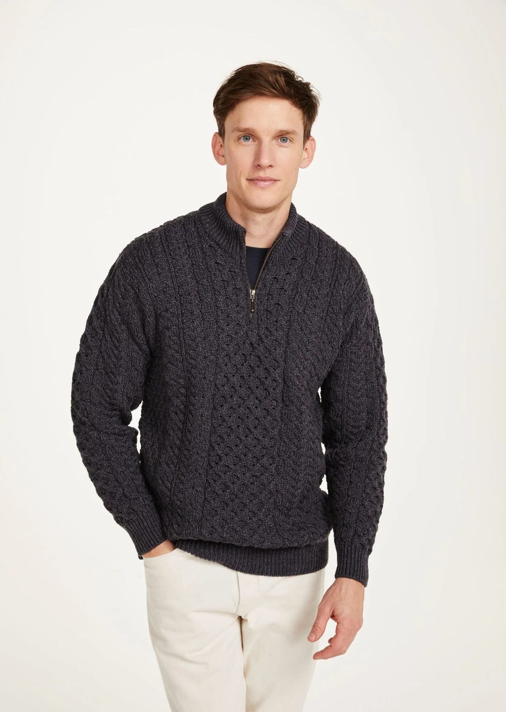 Ballycroy Mens Aran Half Zip Sweater | Charcoal