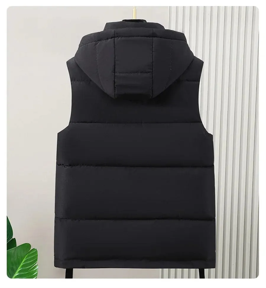 Black Men's Cargo Vest with Detachable Hood Winter Warmth Padded Jacket