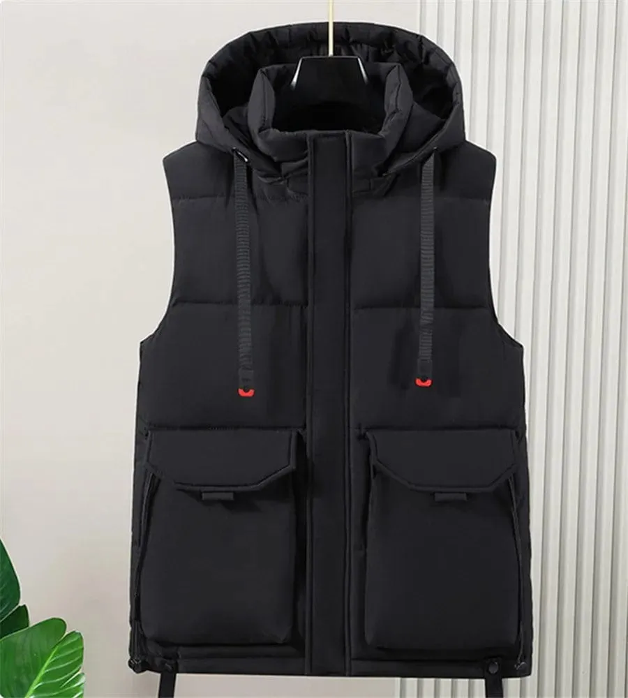 Black Men's Cargo Vest with Detachable Hood Winter Warmth Padded Jacket