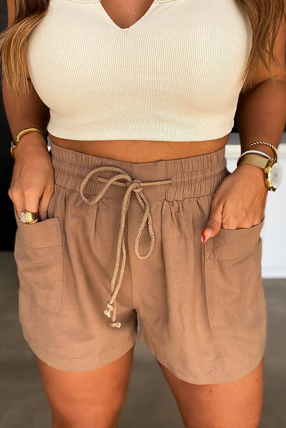 Brown Shirred Waistband Drawstring Casual Shorts