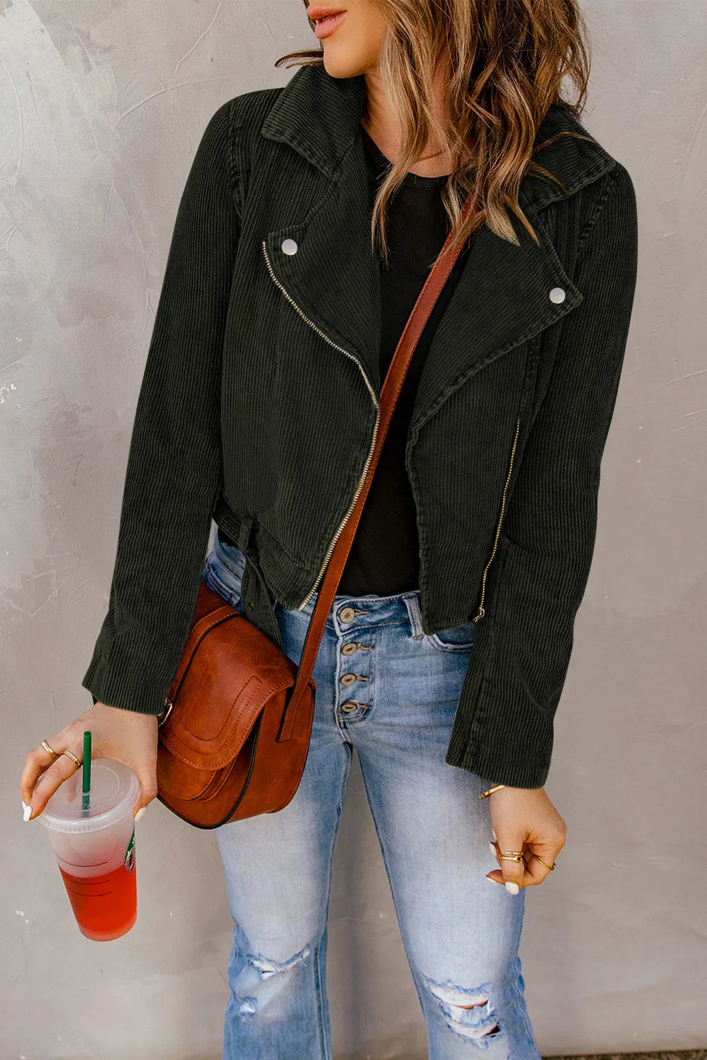 Buckle Belted Zip Up Corduroy Jacket