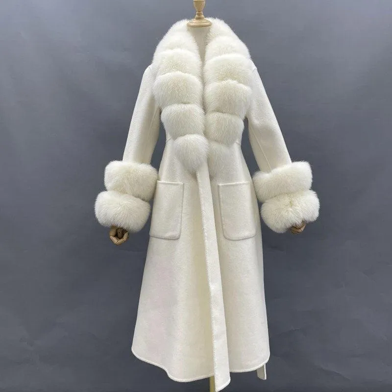 Chic Reversible Cashmere Coat with Fox Fur Trim - Women's Winter Elegance