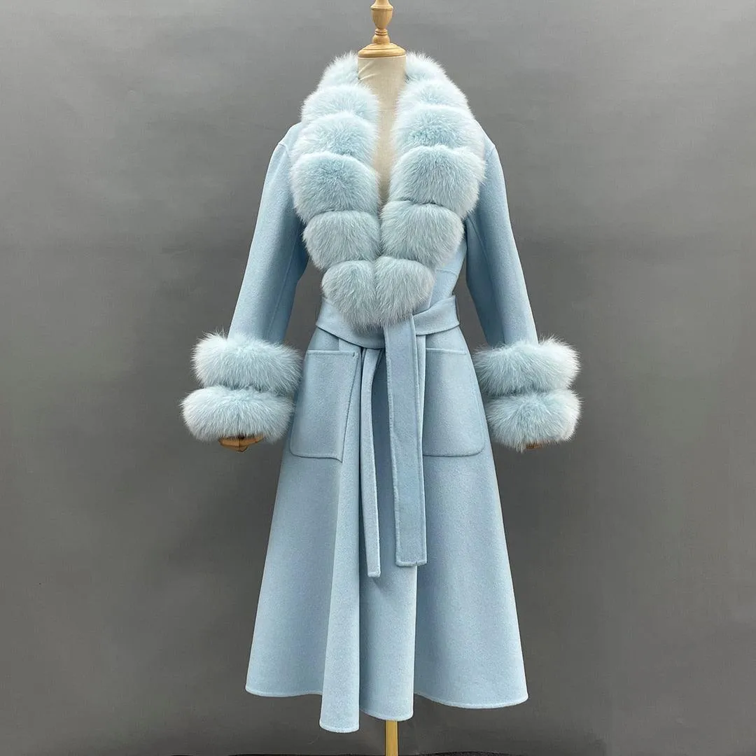 Chic Reversible Cashmere Coat with Fox Fur Trim - Women's Winter Elegance