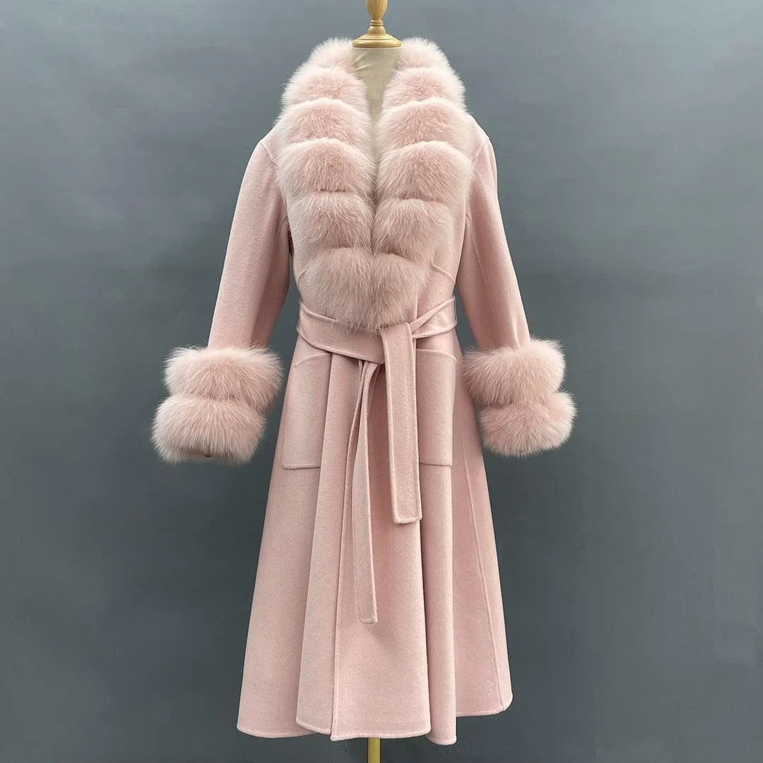 Chic Reversible Cashmere Coat with Fox Fur Trim - Women's Winter Elegance