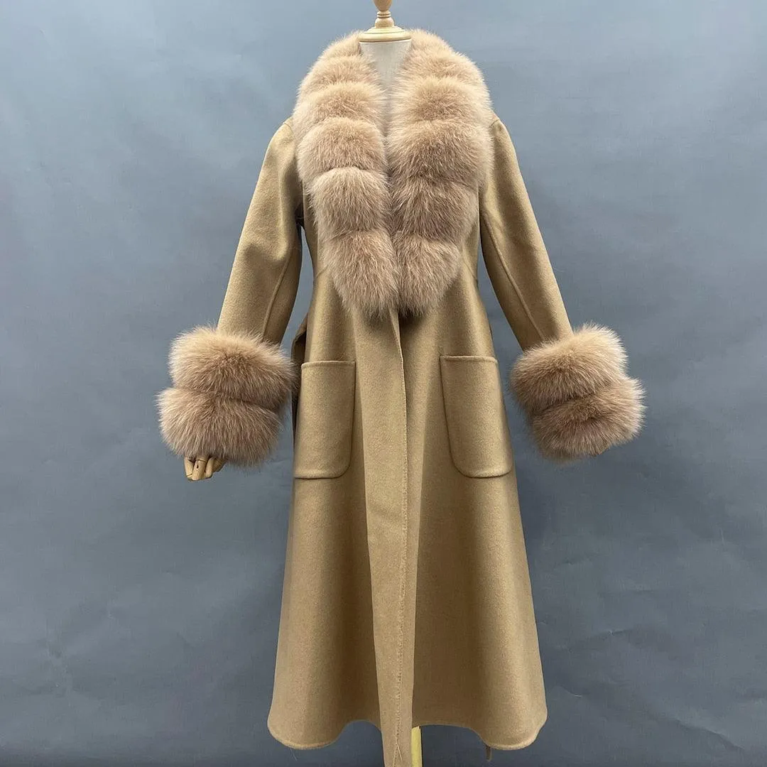 Chic Reversible Cashmere Coat with Fox Fur Trim - Women's Winter Elegance