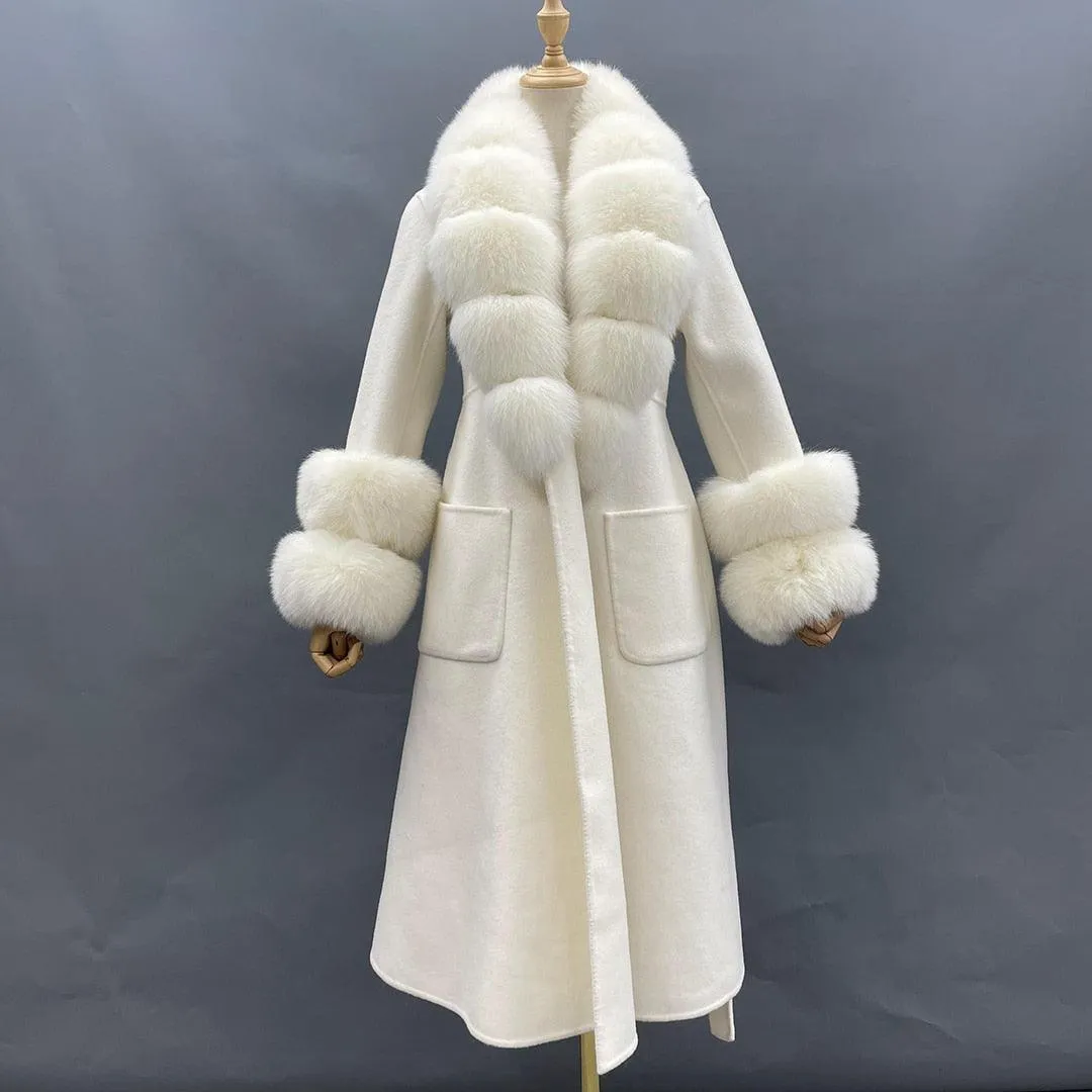 Chic Reversible Cashmere Coat with Fox Fur Trim - Women's Winter Elegance