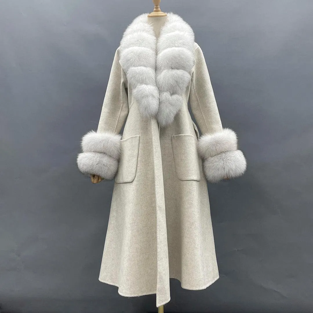 Chic Reversible Cashmere Coat with Fox Fur Trim - Women's Winter Elegance