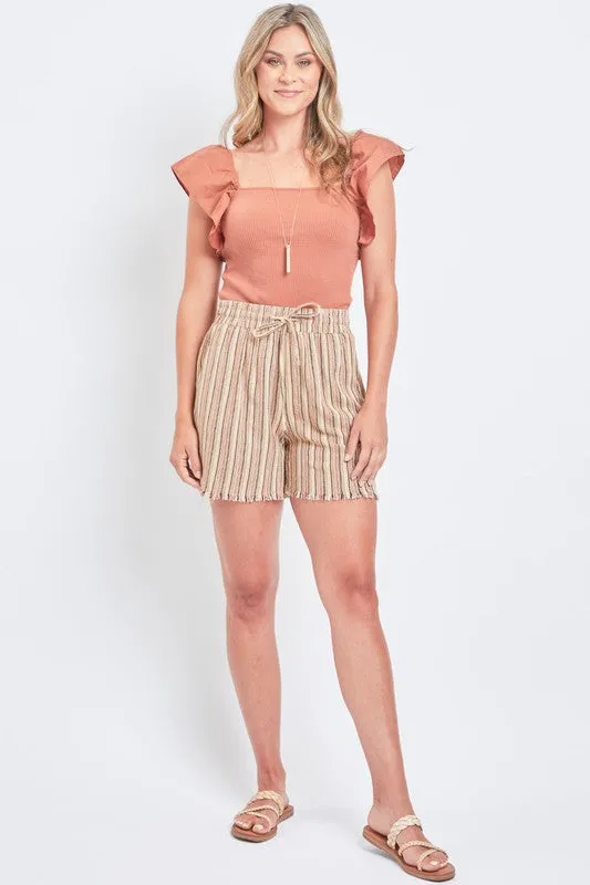 Cognac Linen Shorts With Frayed Hem | YMI - Final Sale