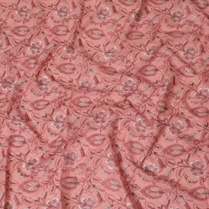 Coral Charm Embroidered Cotton Lawn Fabric - Warm Coral with White Florals, 110cm Width-D18754