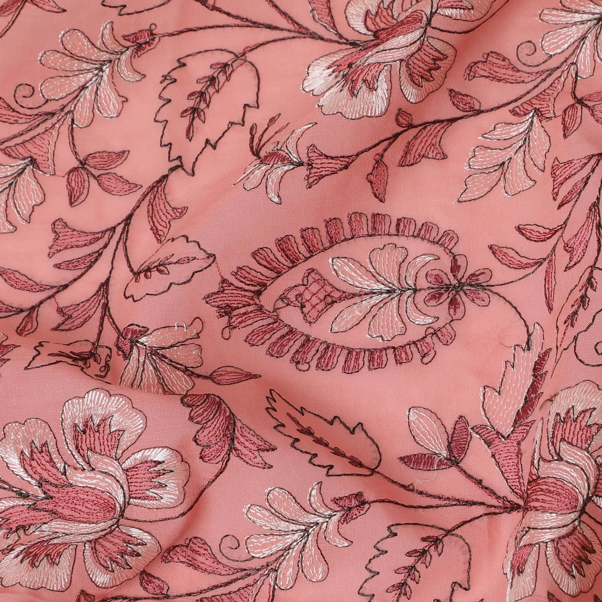 Coral Charm Embroidered Cotton Lawn Fabric - Warm Coral with White Florals, 110cm Width-D18754