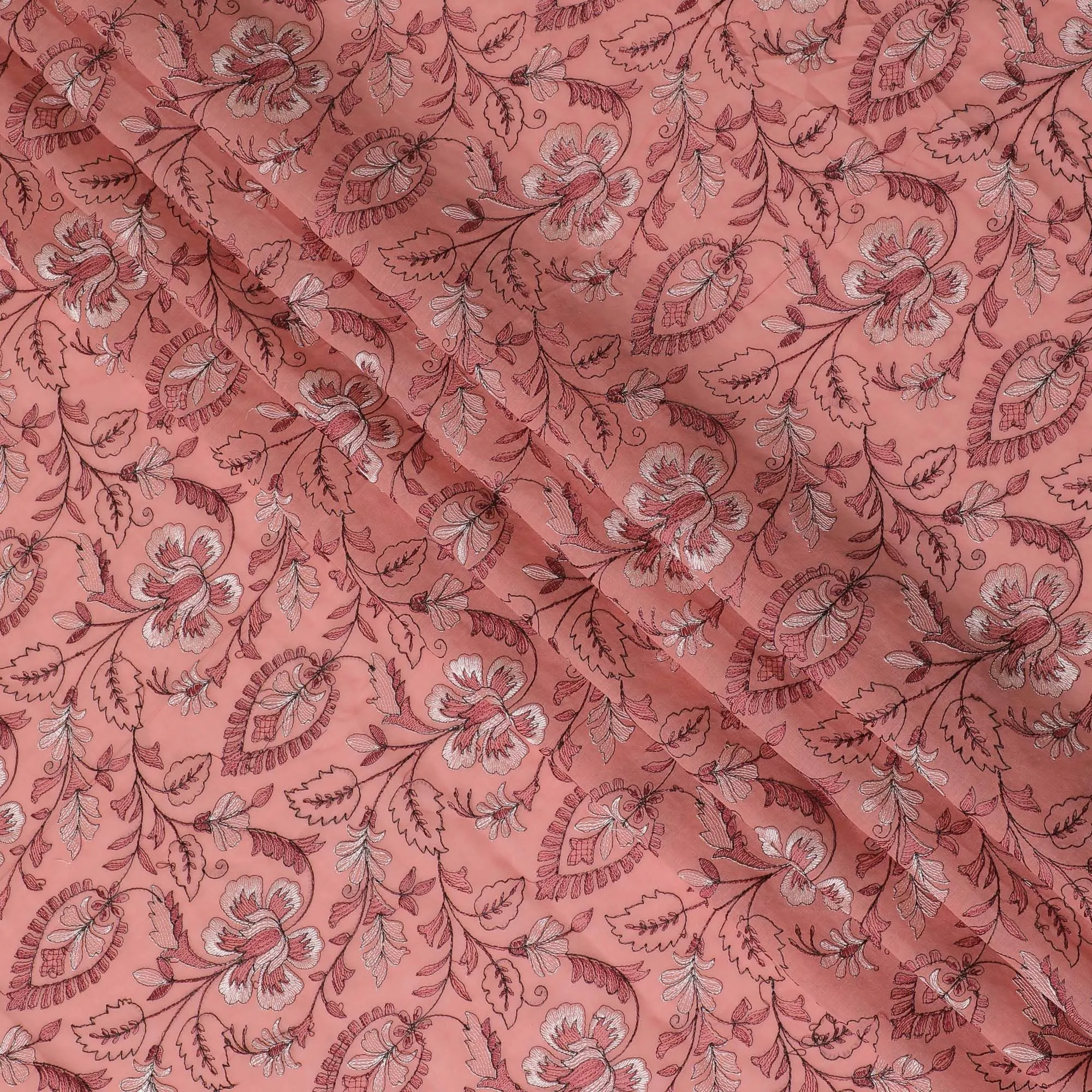 Coral Charm Embroidered Cotton Lawn Fabric - Warm Coral with White Florals, 110cm Width-D18754