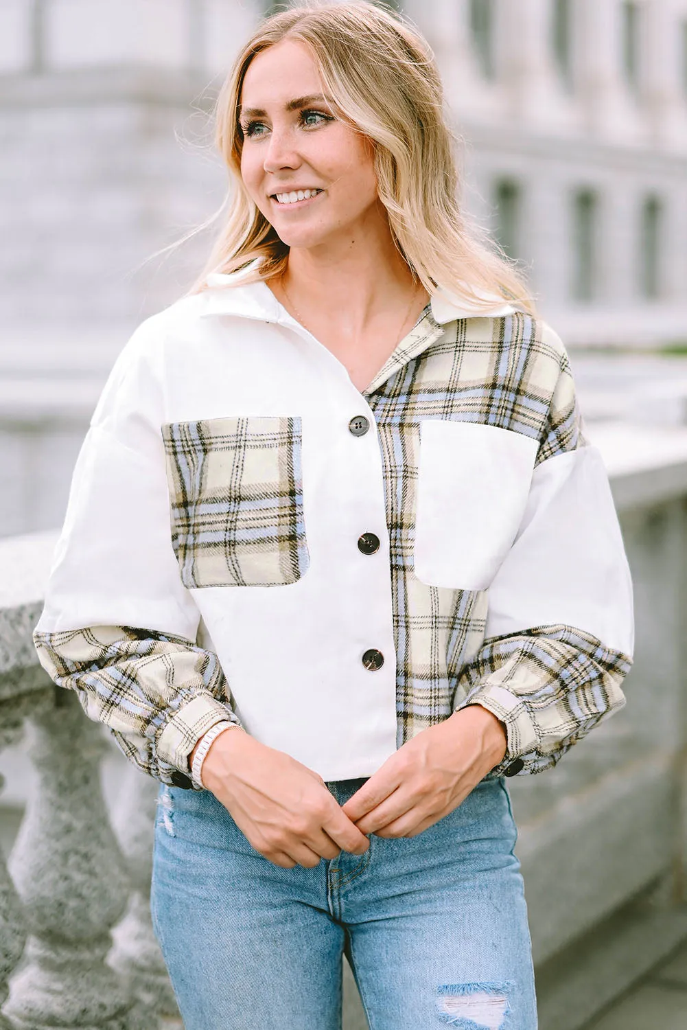 Corduroy Plaid Patchwork Shacket