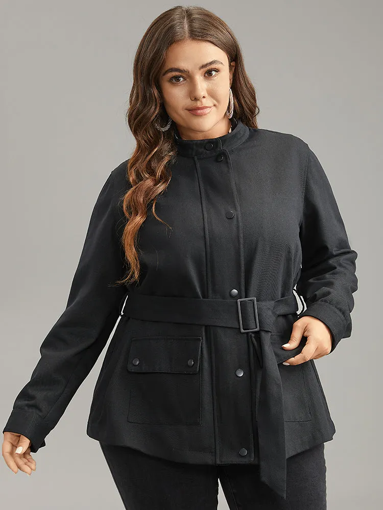 Cotton Solid Belted Flap Pocket Coat