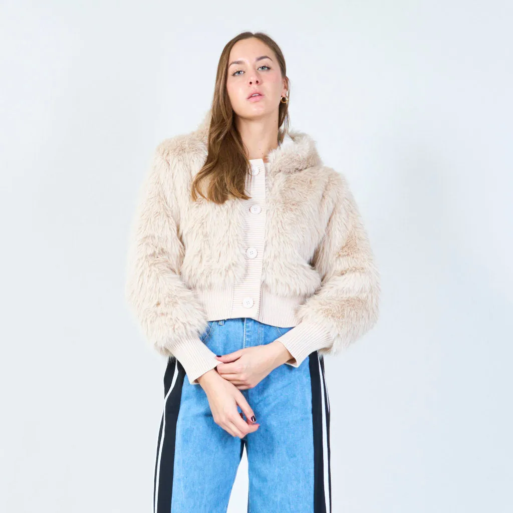 Cropped faux fur jacket with ribbed knit details wholesale