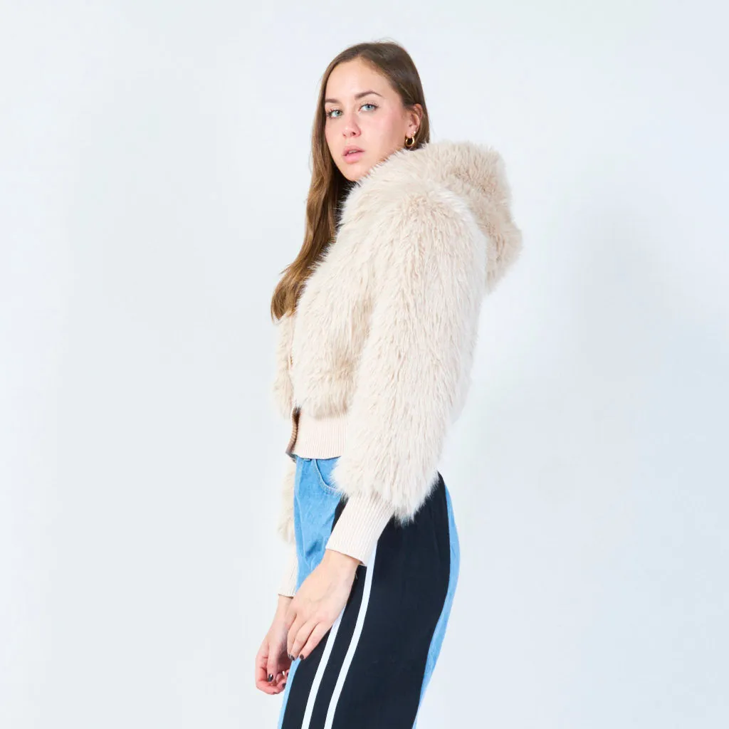 Cropped faux fur jacket with ribbed knit details wholesale