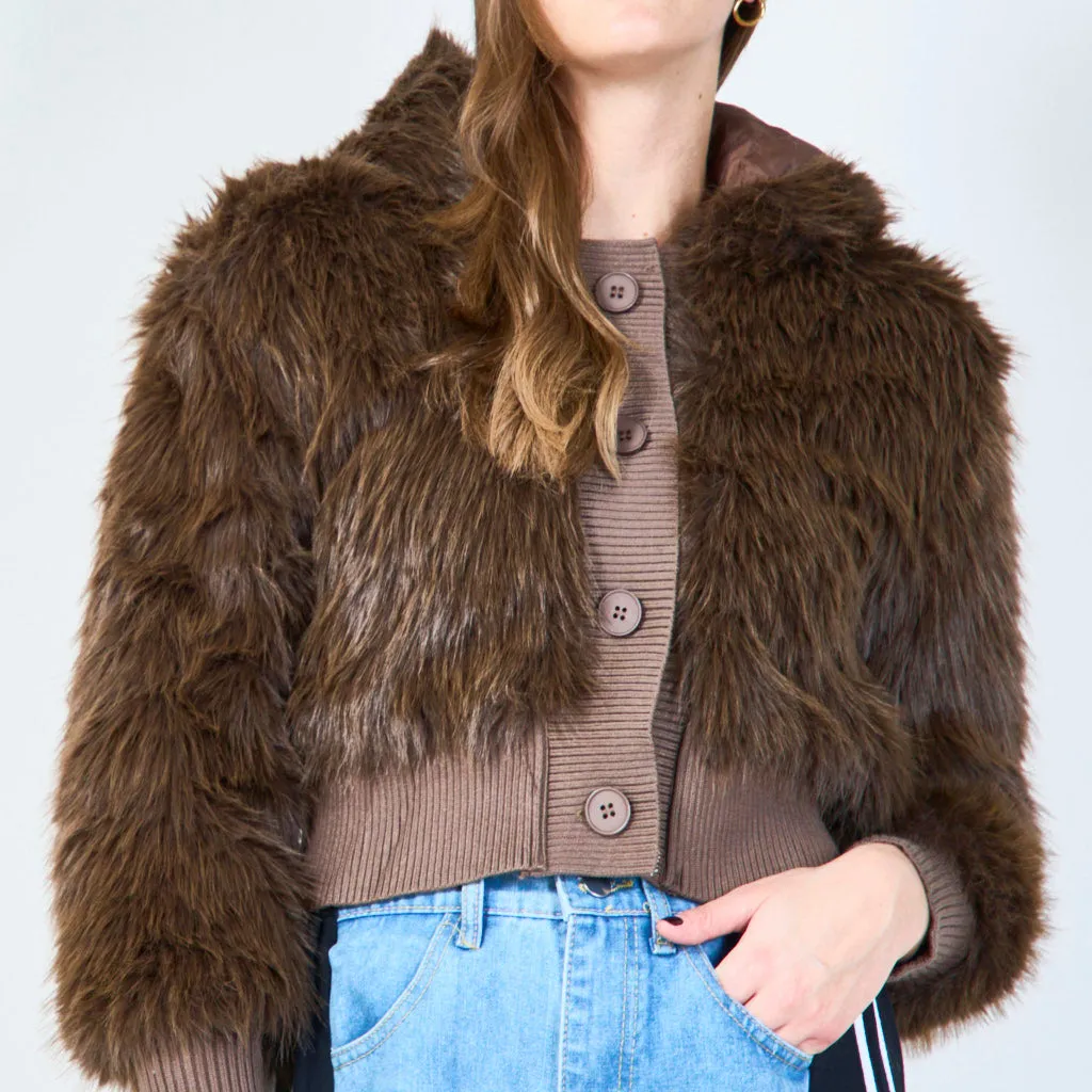 Cropped faux fur jacket with ribbed knit details wholesale