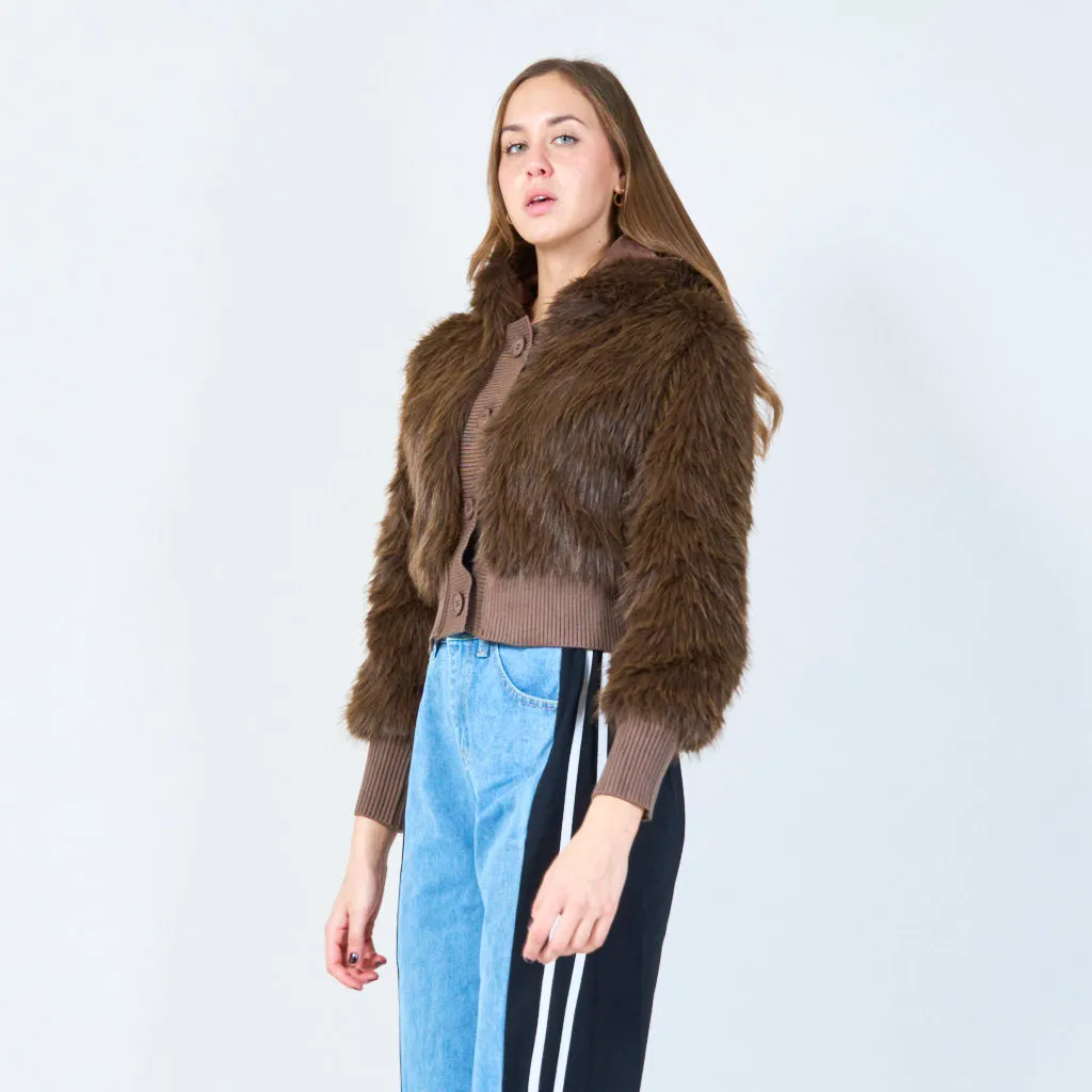 Cropped faux fur jacket with ribbed knit details wholesale