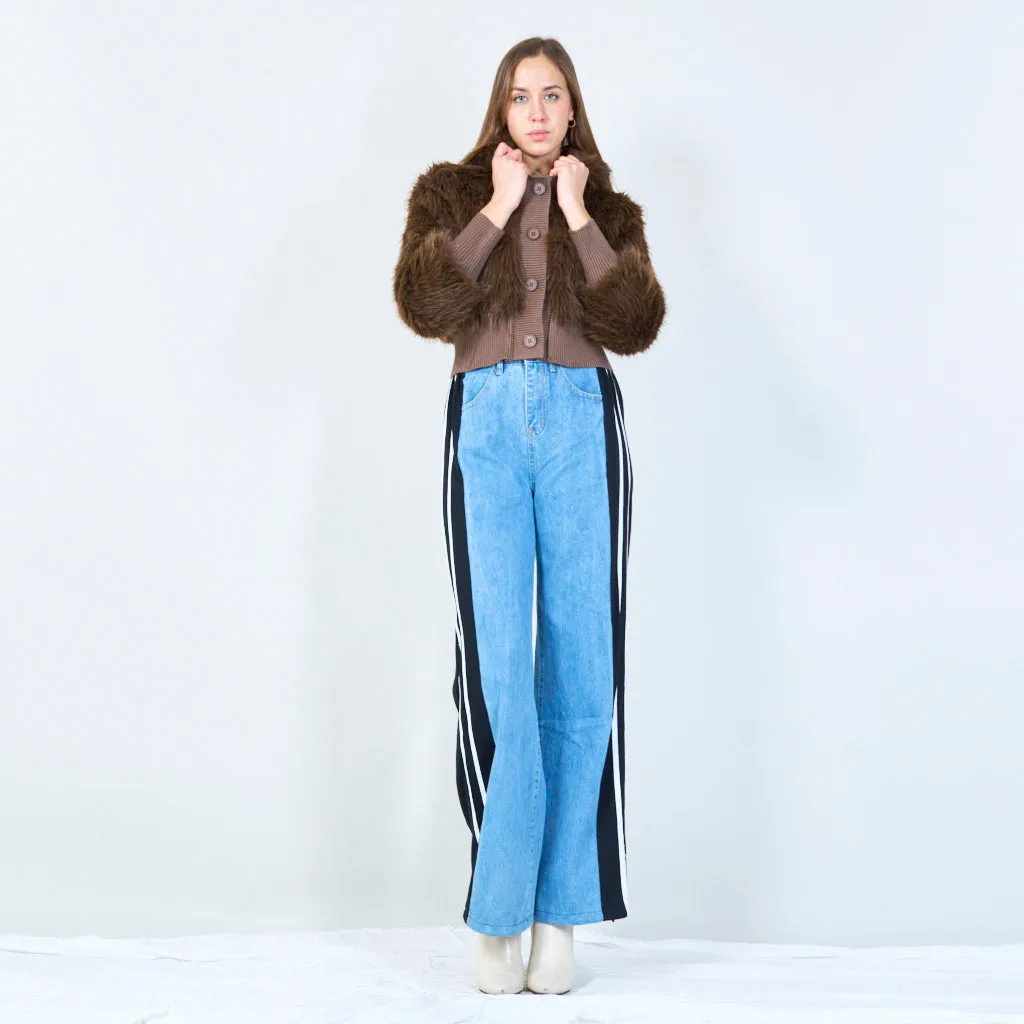 Cropped faux fur jacket with ribbed knit details wholesale