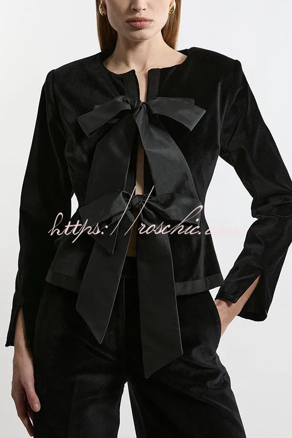 Cue The Cocktails Velvet Tailored Taffeta Bow Detail Peplum Jacket