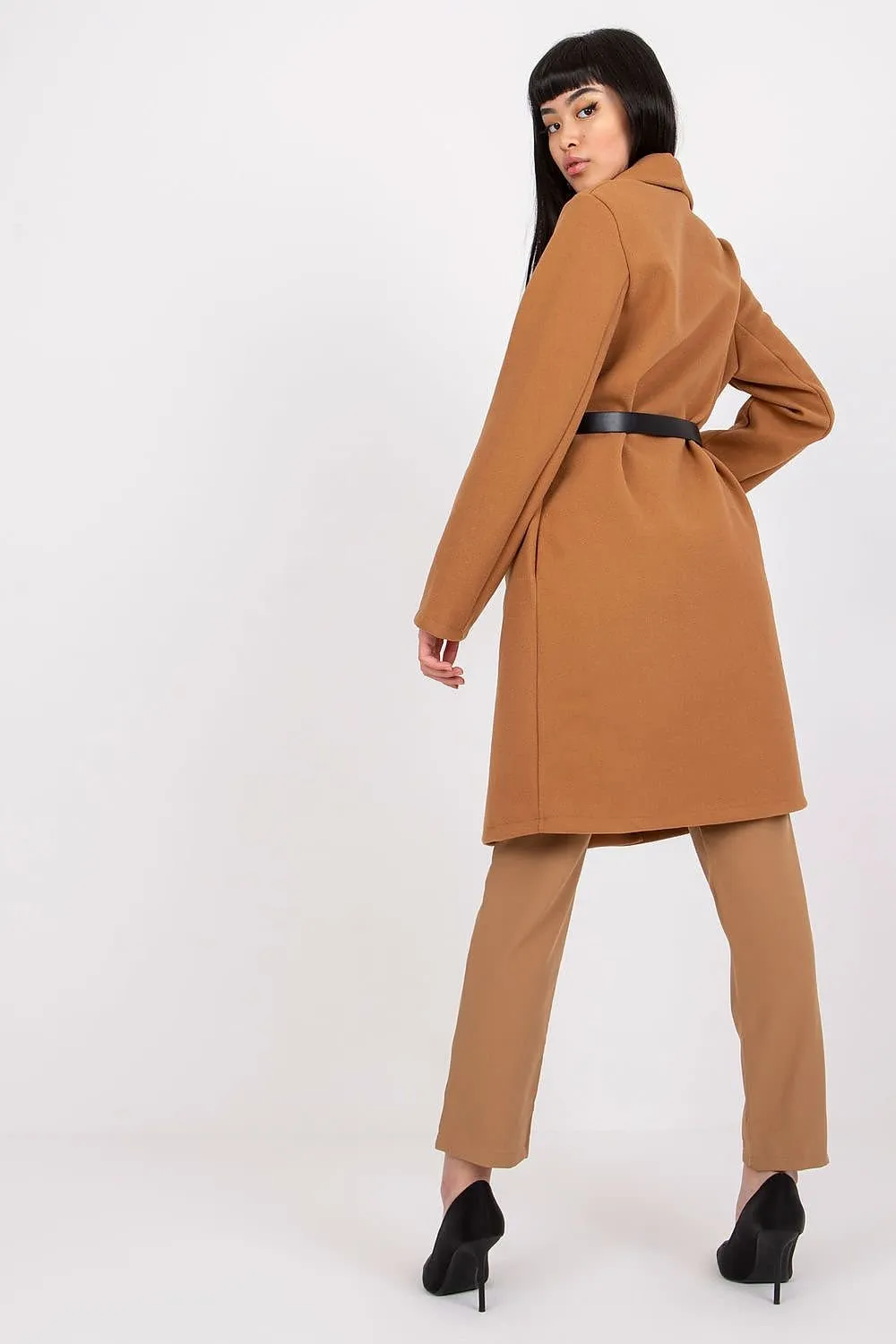 Elegant Belted Long Sleeve Overcoat by Italy Moda