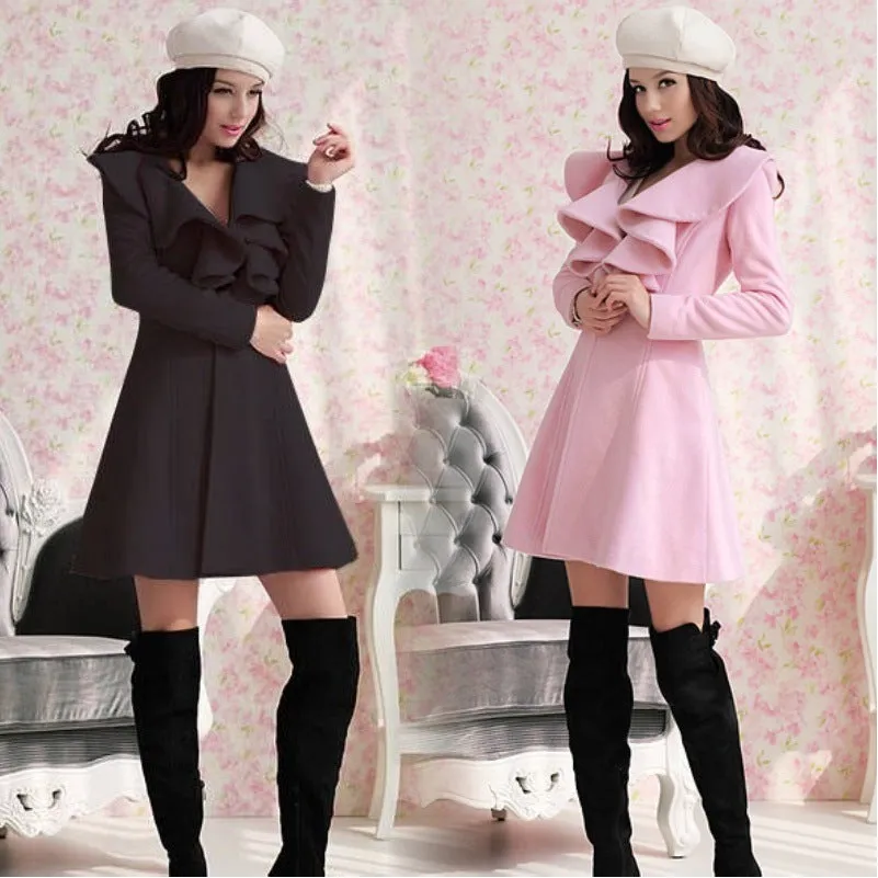 Europe Trendy Long Ruffle Collar Wool Hot Selling Coat Outerwear