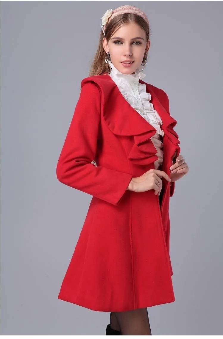 Europe Trendy Long Ruffle Collar Wool Hot Selling Coat Outerwear