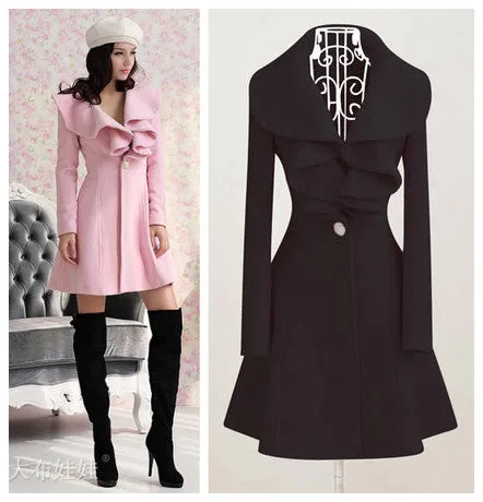 Europe Trendy Long Ruffle Collar Wool Hot Selling Coat Outerwear