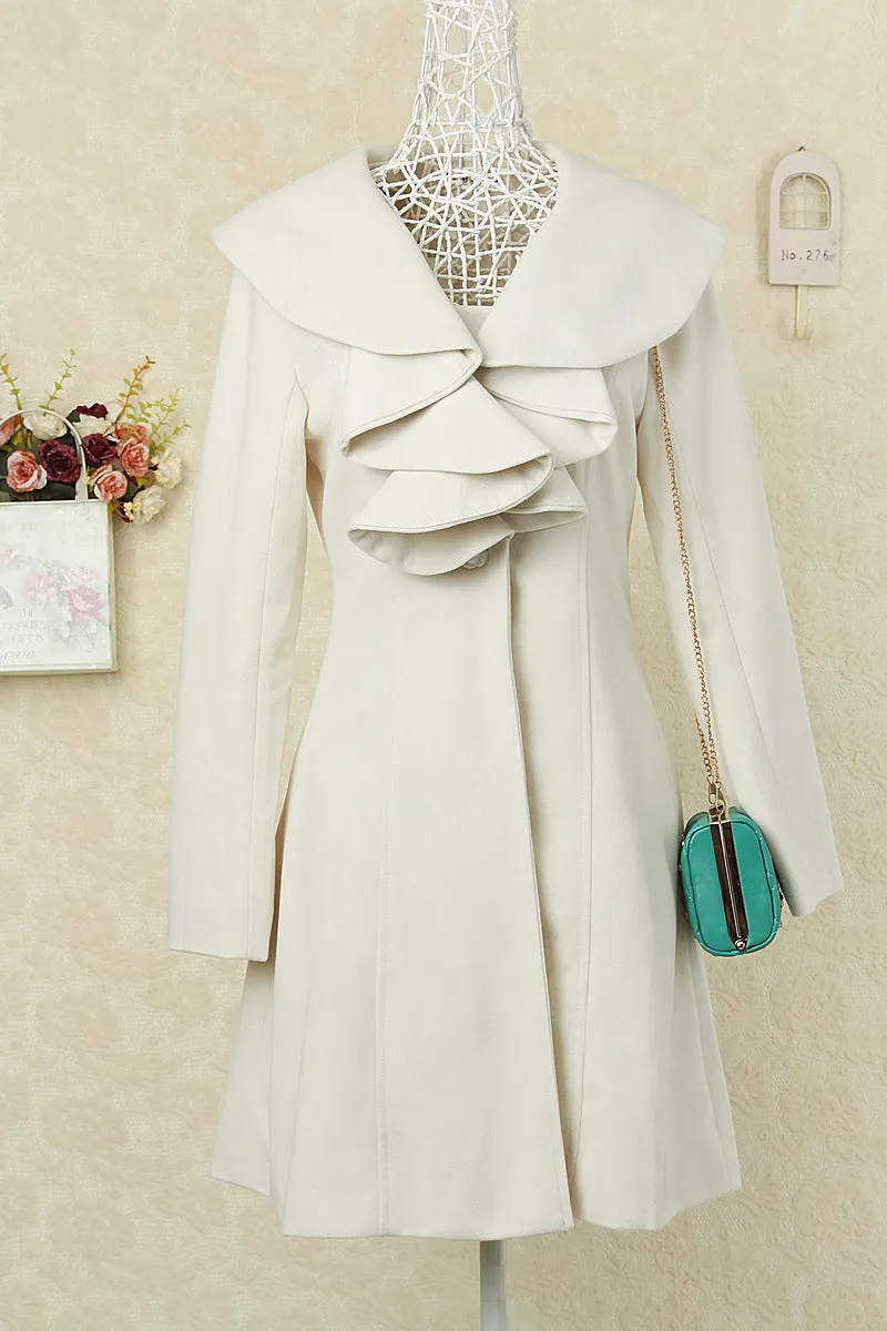 Europe Trendy Long Ruffle Collar Wool Hot Selling Coat Outerwear