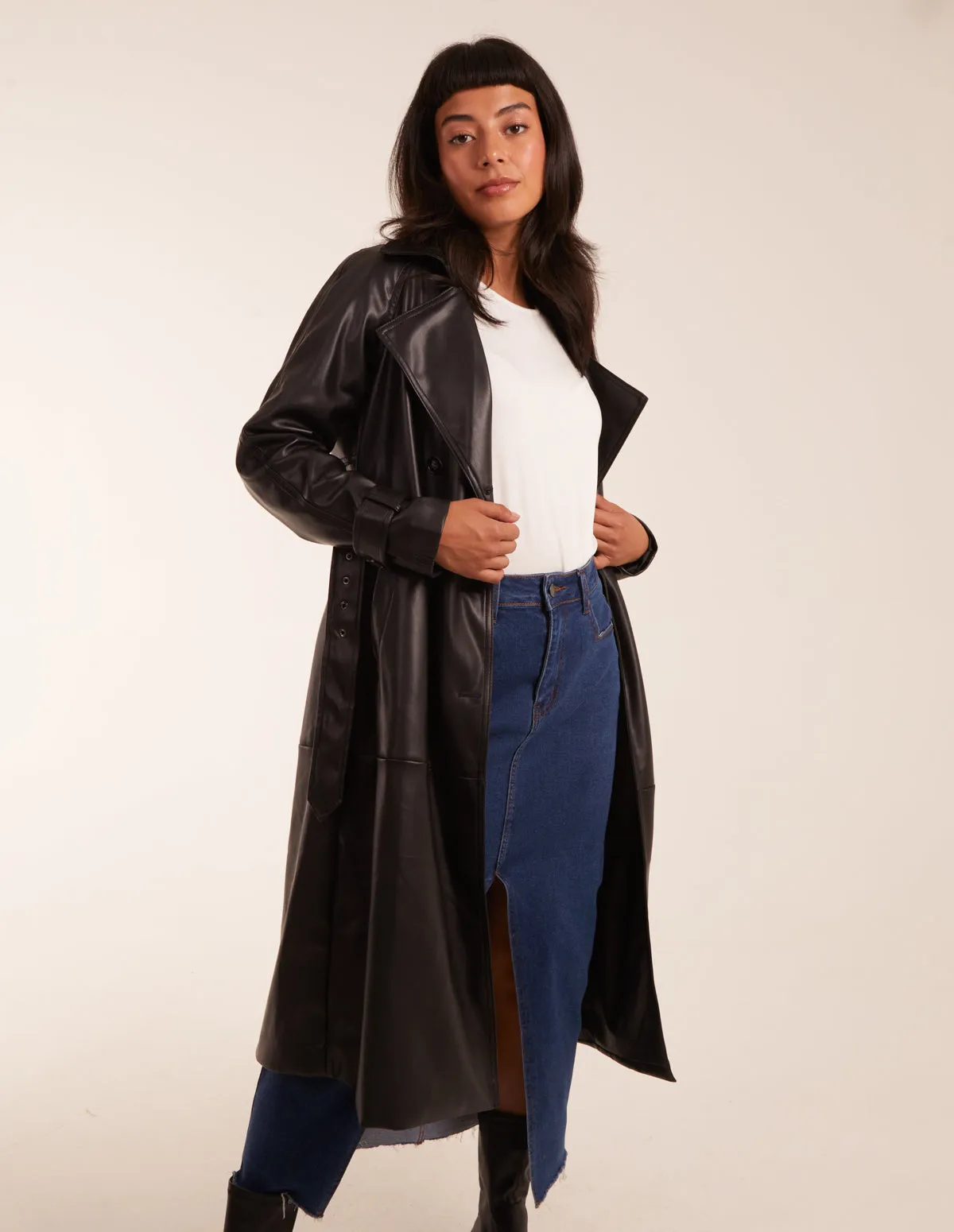 Faux Leather Belted Trench Coat