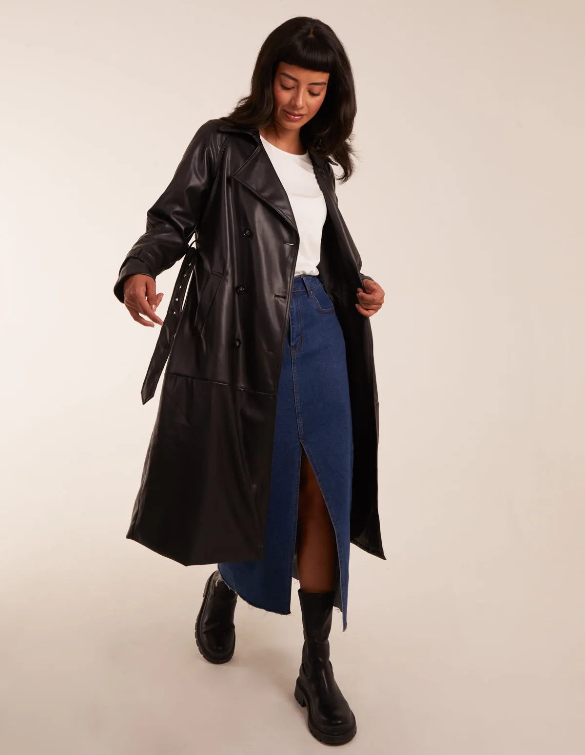 Faux Leather Belted Trench Coat