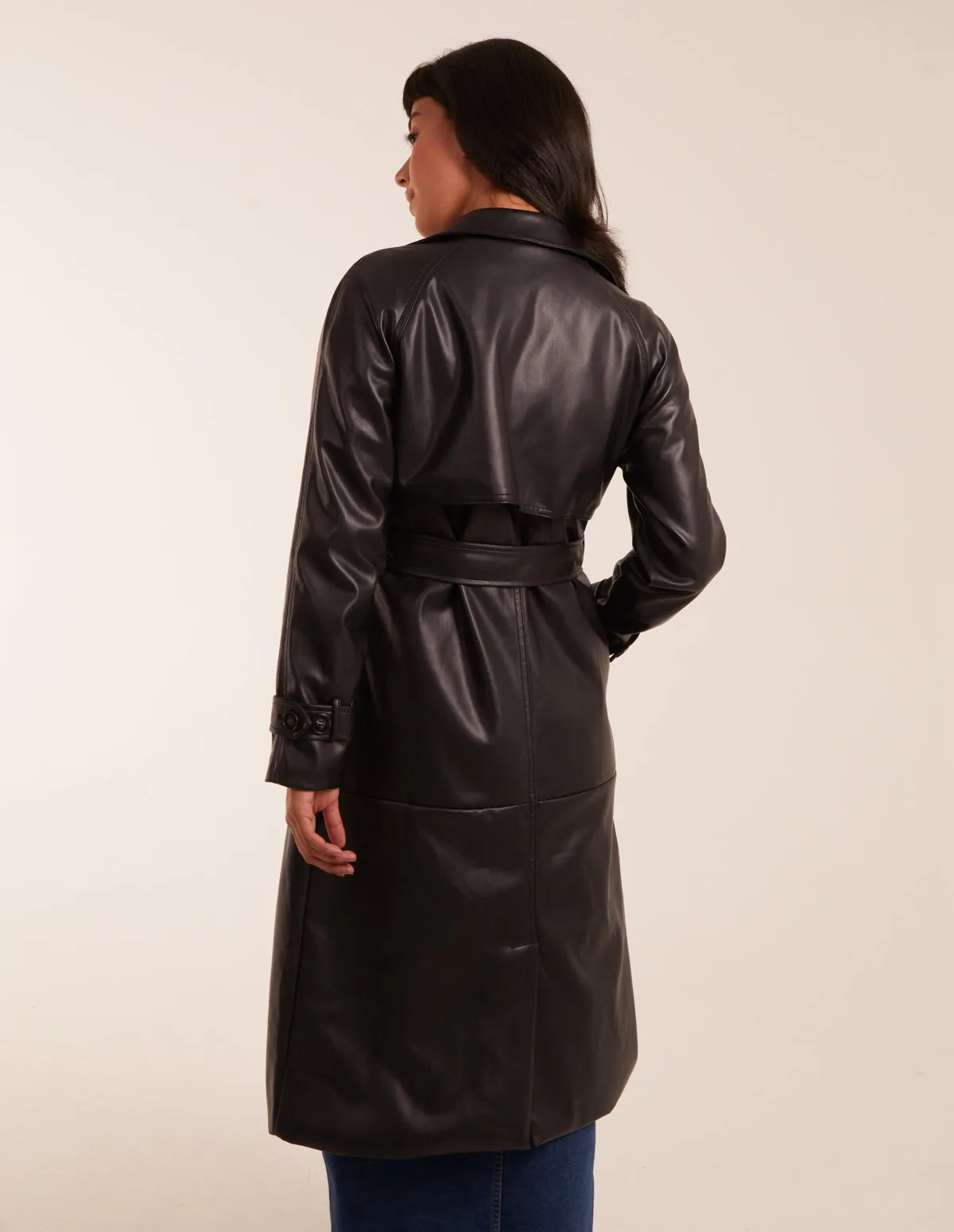 Faux Leather Belted Trench Coat