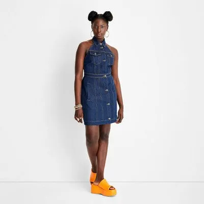 Future Collective Alani Noelle Women's Halter Collared Denim Overall Mini Dress