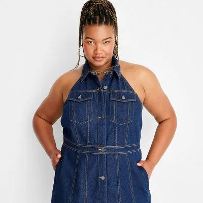 Future Collective Alani Noelle Women's Halter Collared Denim Overall Mini Dress