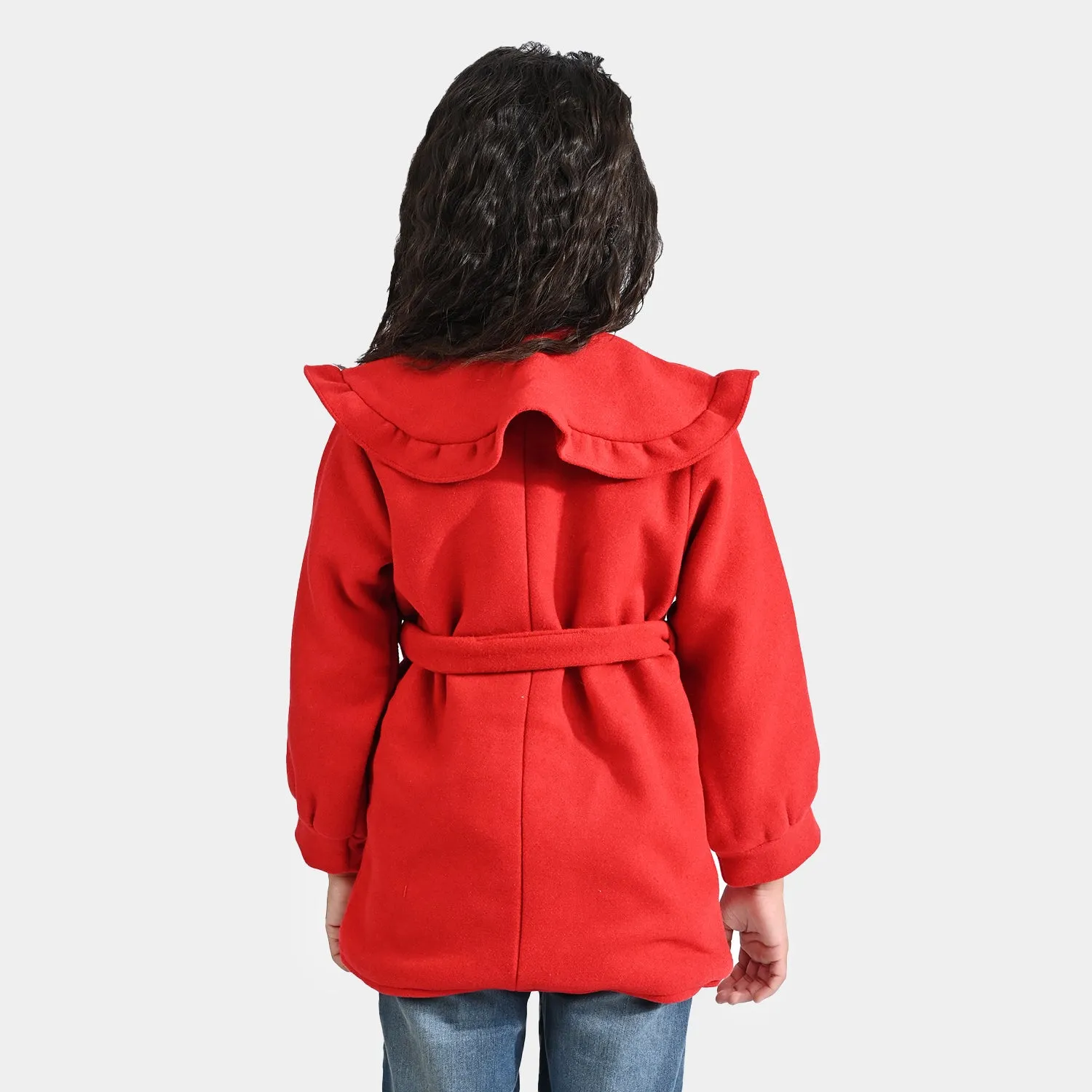 Girls Wool Woven Trench Coat-Red