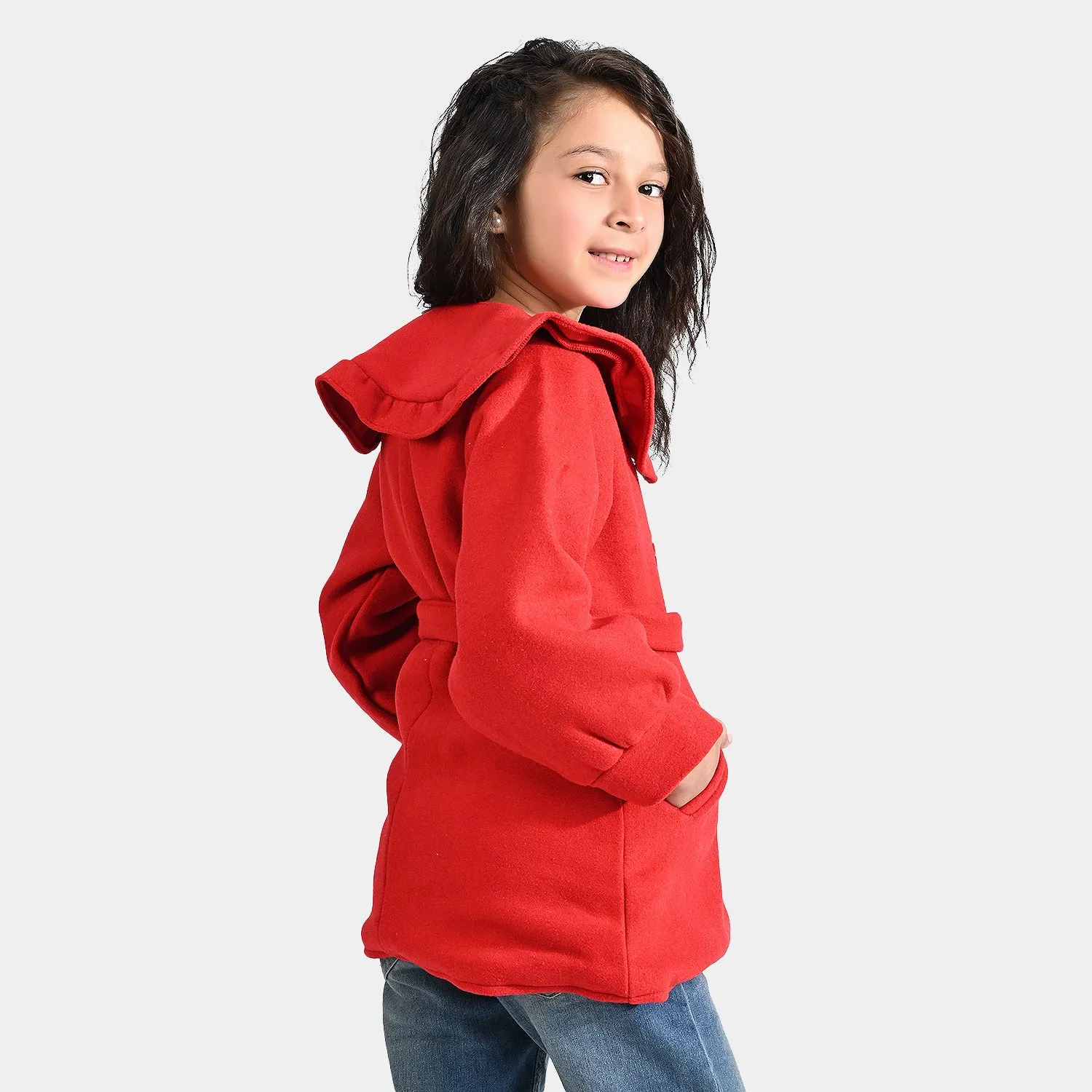 Girls Wool Woven Trench Coat-Red