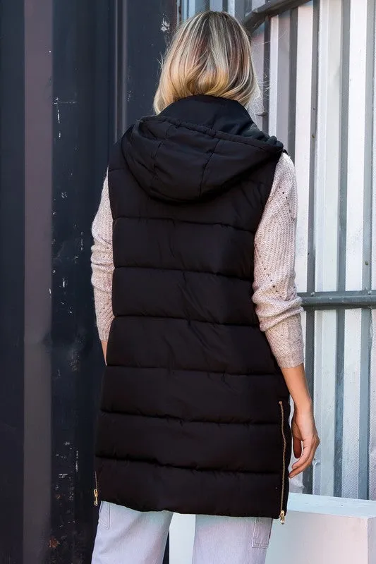 Gold Zip Long Puffer Vests - 2 Colors!