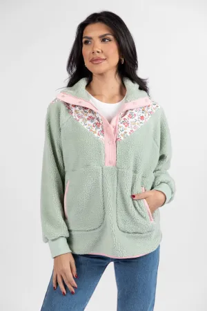 Good Feelings Sage Floral Multi Colorblock Sherpa Pullover FINAL SALE