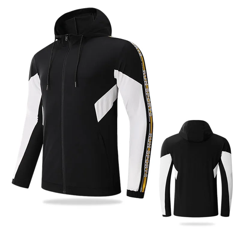 Gym Men Running Sports Jacket Fitness Long Sleeve Elastic Tight Hoodies Zipper Slim Hiking Sweatshirts Male Jogging Hooded Coat