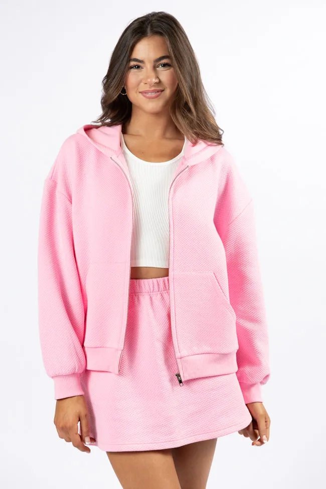 Have It My Way Pink Textured Knit Zip Up Hooded Sweatshirt