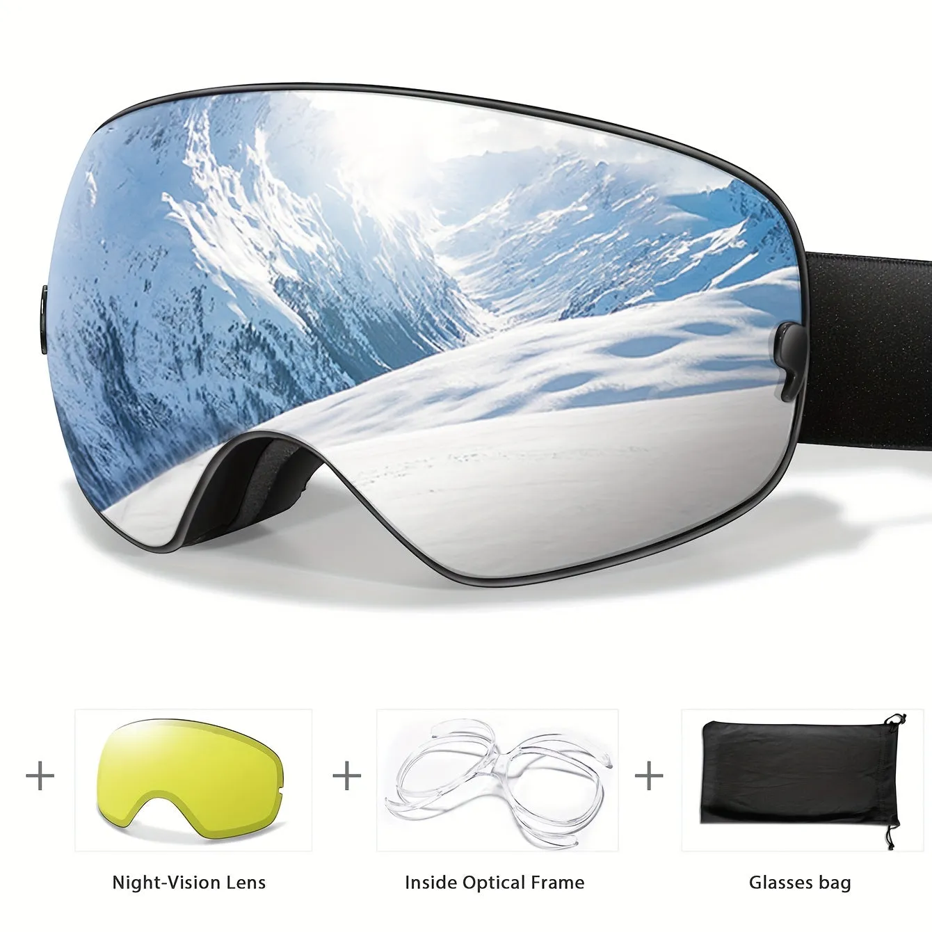 Interchangeable Lens Ski Goggles for Adults - TPU Frame, PC Material, Anti-Fog, UV Protection, for Snowboarding, Skating, Skiing, Snowmobiling - Includes Night, Prescription Lens, Bag - Mixed Color