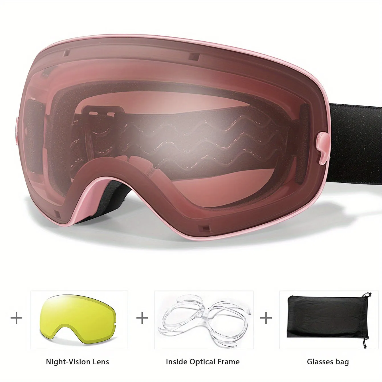 Interchangeable Lens Ski Goggles for Adults - TPU Frame, PC Material, Anti-Fog, UV Protection, for Snowboarding, Skating, Skiing, Snowmobiling - Includes Night, Prescription Lens, Bag - Mixed Color