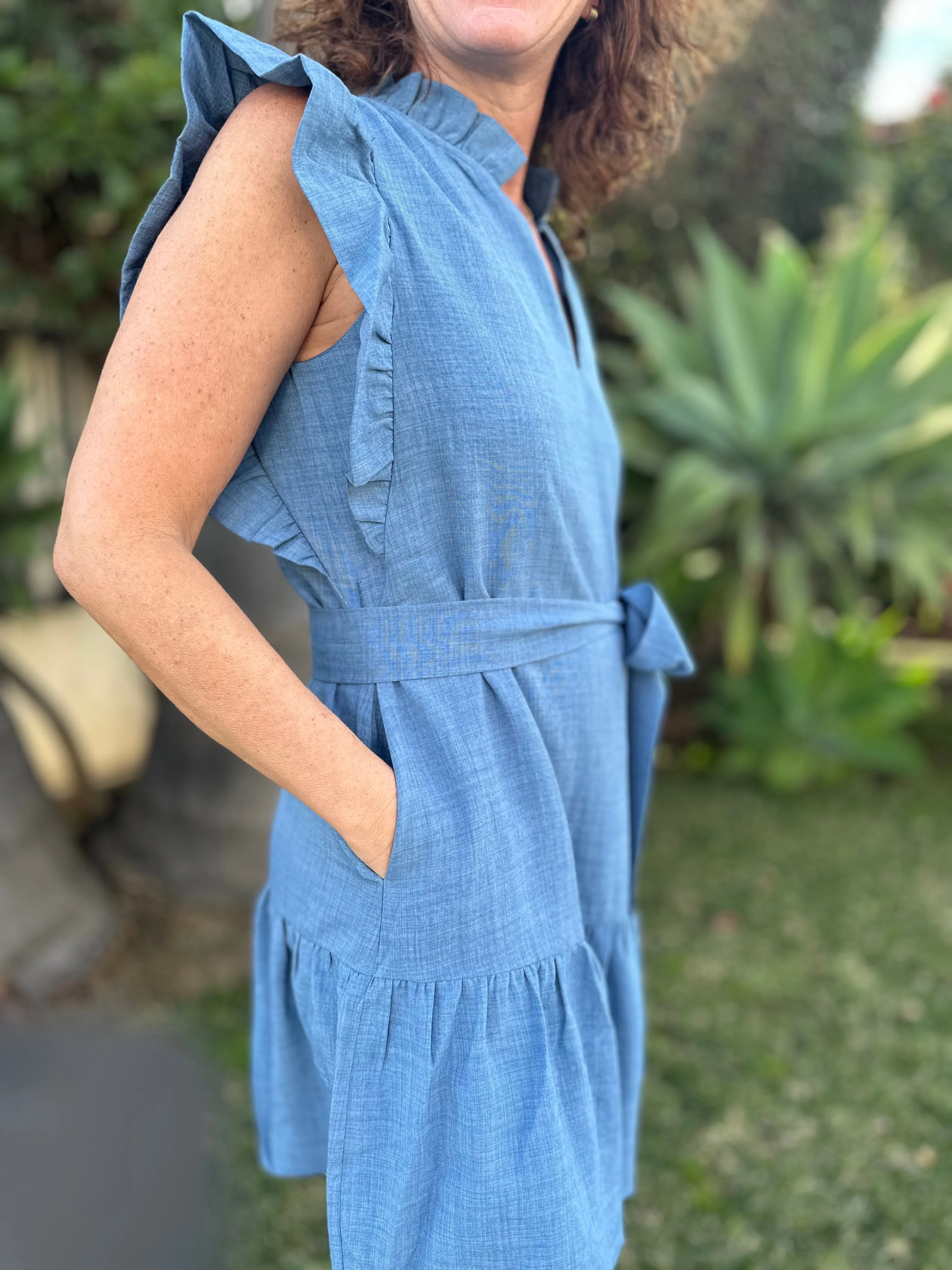 Joy Joy Ruffles Layered Dress in Denim