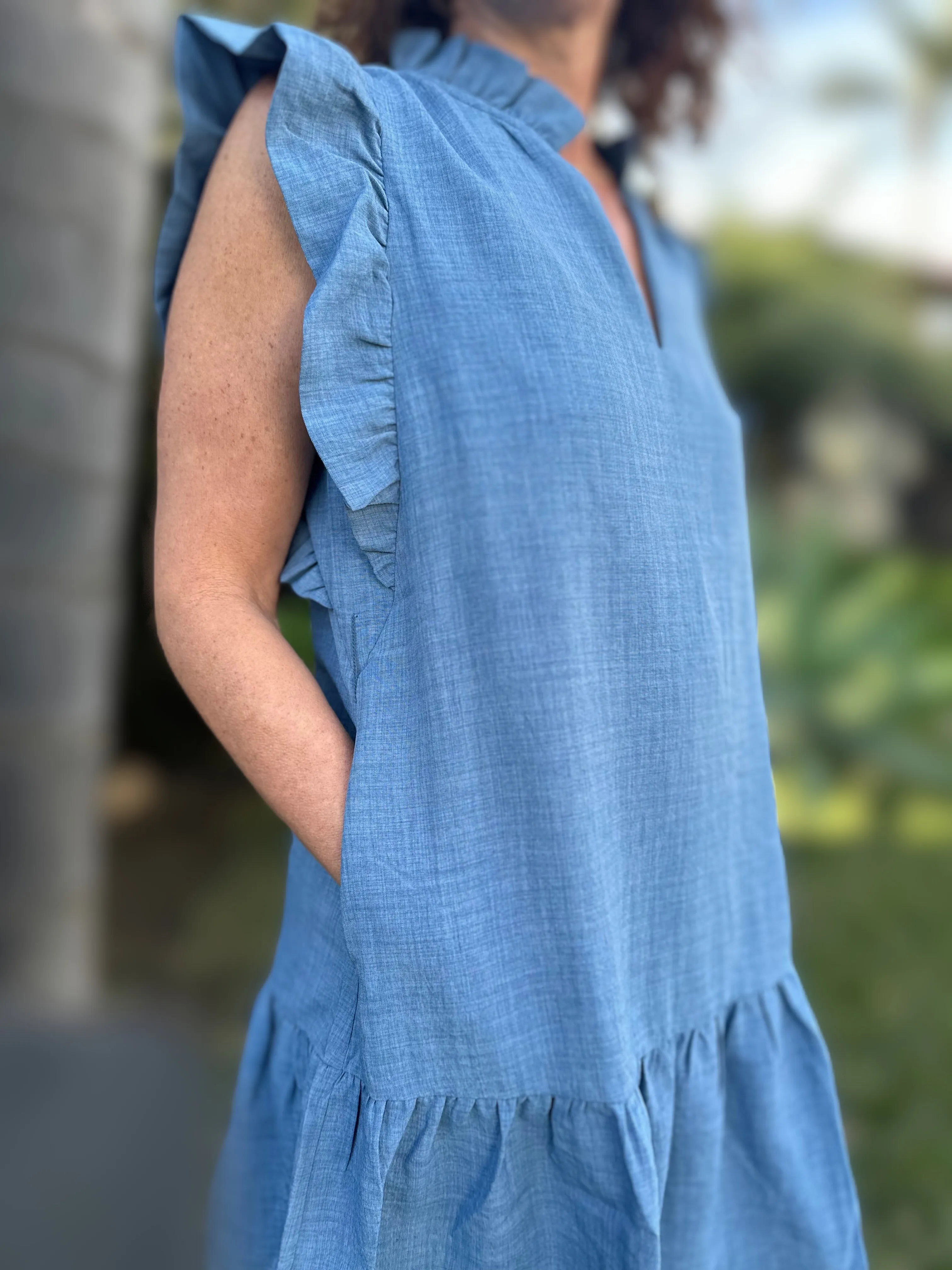 Joy Joy Ruffles Layered Dress in Denim