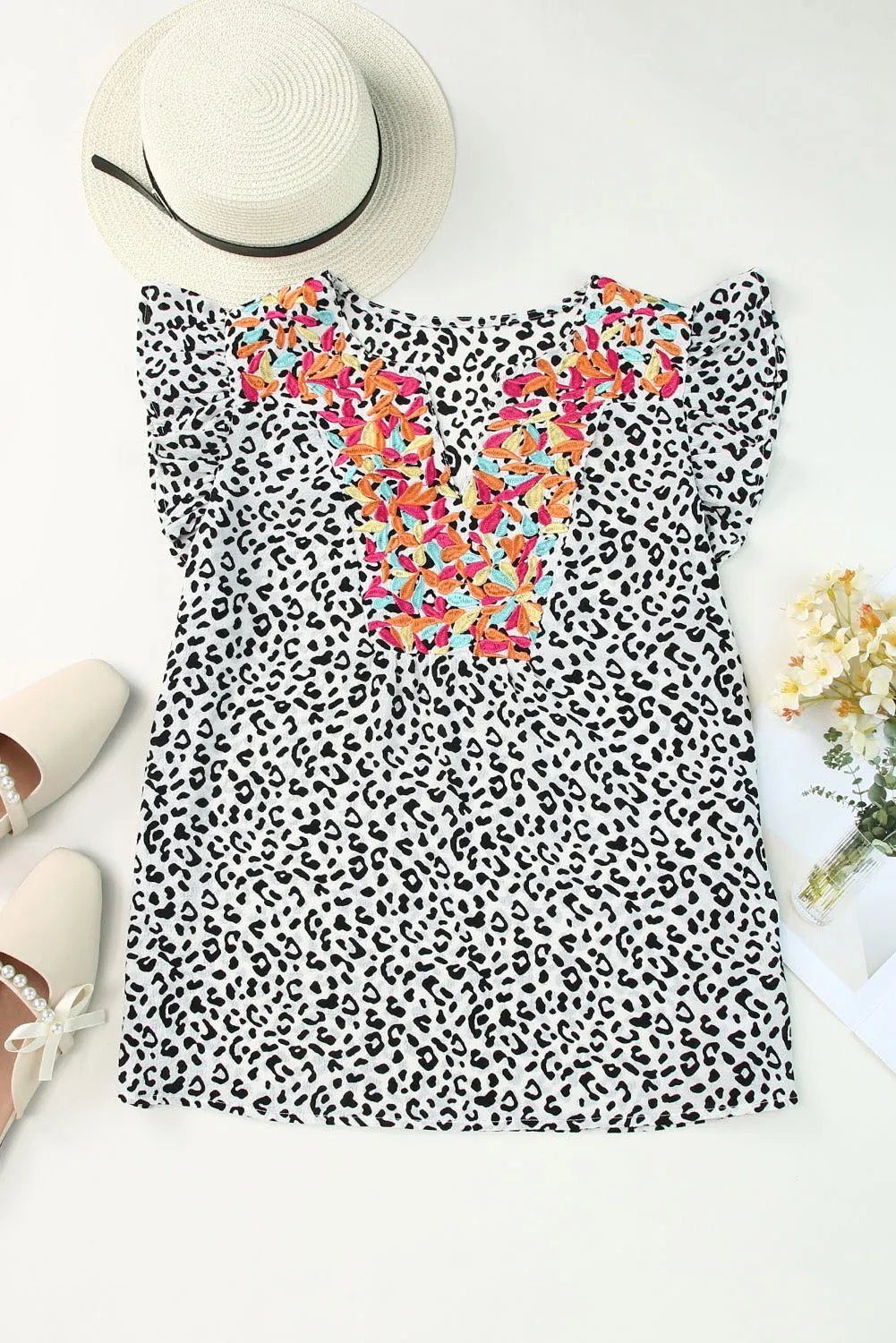 Leopard Floral Embroidered Ruffle Top