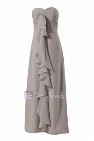 Light Warm Gray Long Chiffon Sweetheart Bridesmaid Dress W/Cascade Ruffles(BM292)