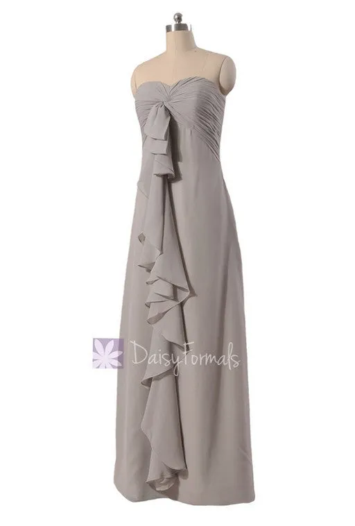 Light Warm Gray Long Chiffon Sweetheart Bridesmaid Dress W/Cascade Ruffles(BM292)