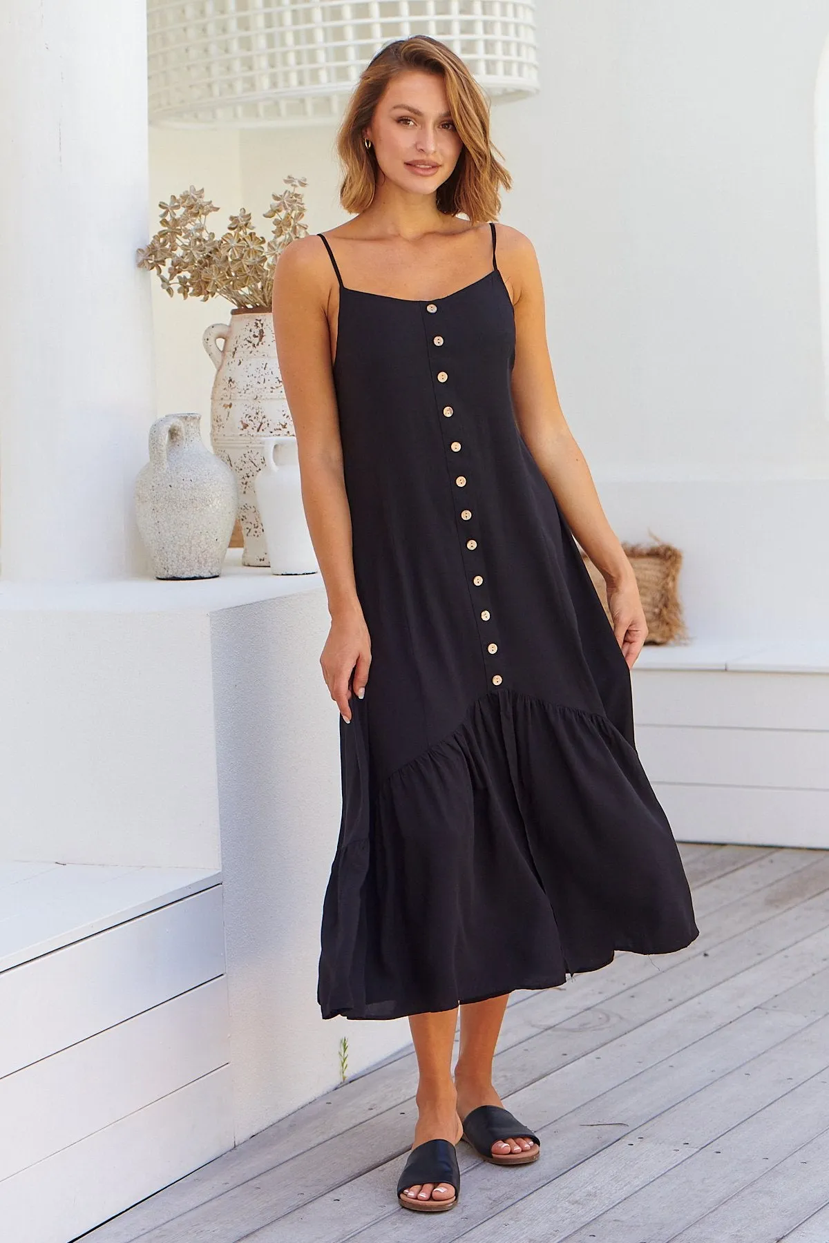 Megan Black Button Front Midi Dress